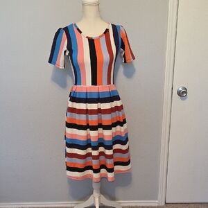 LuLaRoe Pink and Blue Pleated Midi Dress